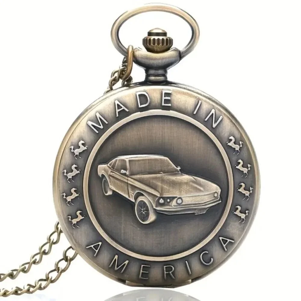 Pocket Chain Watch Mustang Car Flip Open Bronze Tone Quartz Second Hand